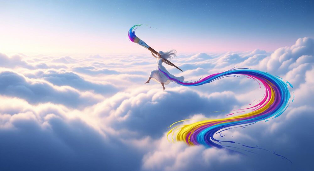 Rainbow paintbrush above clouds