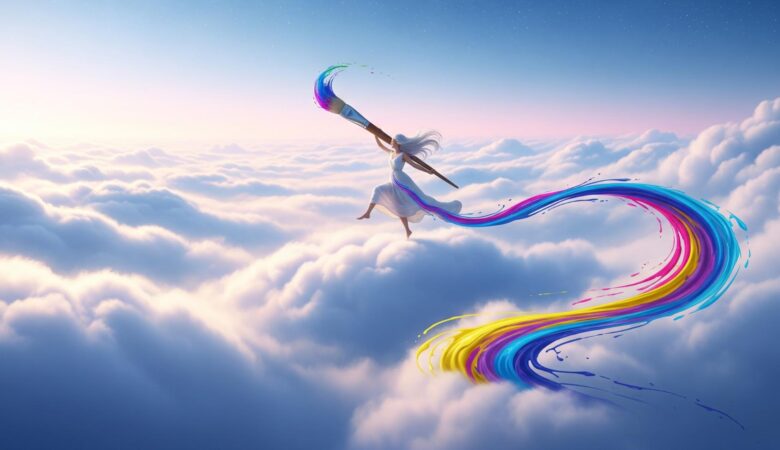 Rainbow paintbrush above clouds