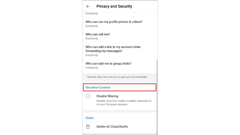 how to turn off sensitive content on telegram