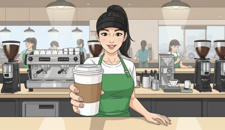 Starbucks barista serving coffee.