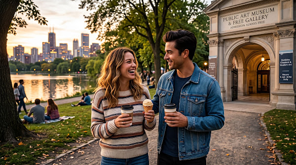 Couple on a low-cost date walking in a park