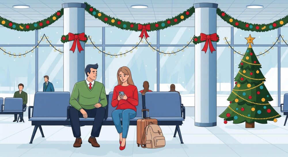 couple sitting in decorated airport at Christmas