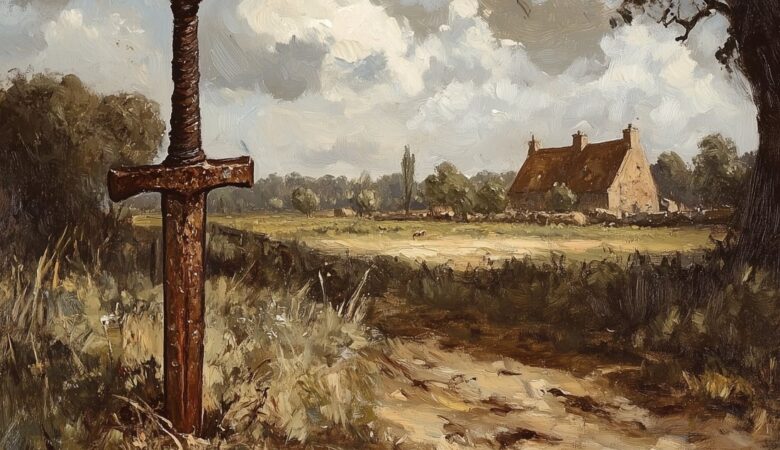 Sword in a field, symbolizing peace or conflict