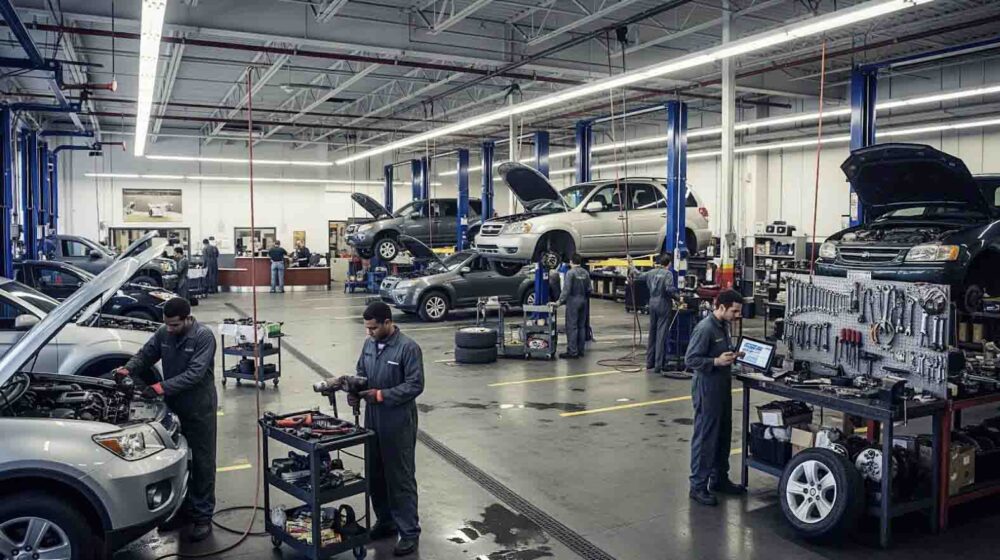 Auto dealership service department with multiple vehicles raised on lifts and technicians performing service and repair work.