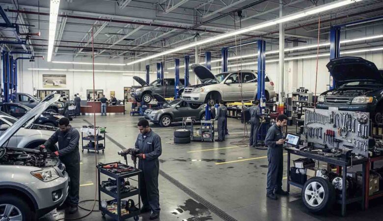 Auto dealership service department with multiple vehicles raised on lifts and technicians performing service and repair work.
