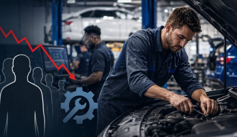 automotive technician working on complex vehicle as dealerships face growing skilled worker shortage